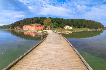 Téléchargez les photos : Pont piétonnier des îles Zvernec à Narta Lagoon, Albanie. Île encadrée par la superbe toile de fond d'eaux calmes et de verdure luxuriante. - en image libre de droit