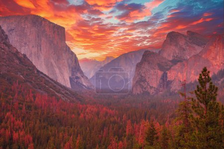 Foto de Vista del túnel con vista a la hora dorada en el Parque Nacional Yosemite. El Capitán y Half Dome al atardecer rojo. Vacaciones de verano en América. California, Estados Unidos
. - Imagen libre de derechos