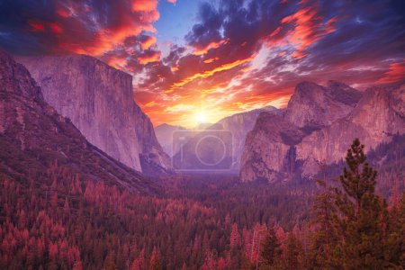 Foto de Puesta de sol Magenta en el Parque Nacional Yosemite. El Capitan y Half Dome Tunnel Vista panorámica en una puesta de sol rosa, hora dorada. Vacaciones de verano en América. California, Estados Unidos
. - Imagen libre de derechos