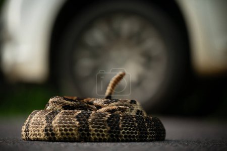 Serpiente de cascabel de madera (Crotalus horridus) enrollada junto a la rueda del coche