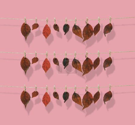 Foto de Hojas de otoño unidas con pinzas de ropa en el tendedero. Patrón sin costuras sobre fondo rosa pastel, concepto decorativo de otoño mínimo - Imagen libre de derechos