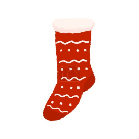 Red terry Christmas sock with pattern. Hand drawn Warm knitted sock.