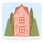 Cute Christmas house on blue background among decorated fir trees. Garlands, candy cane, falling snowflakes. Christmas card. Hand drawn illustration isolated on white.
