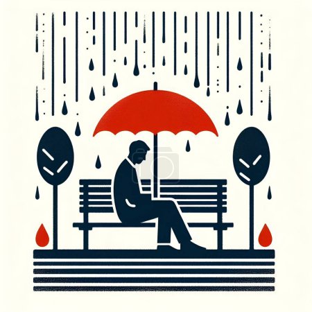 Illustration for A Man Sitting Alone on Park Bench in Rain - Royalty Free Image