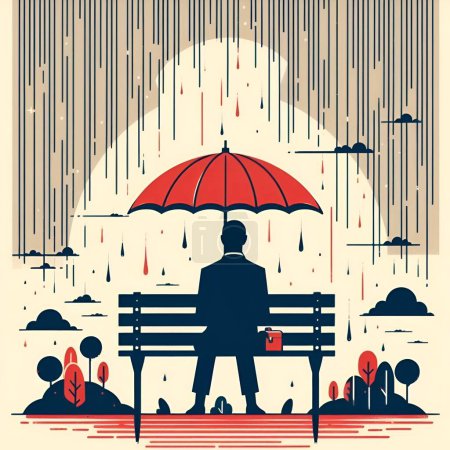Un hombre sentado solo en el banco del parque bajo la lluvia
