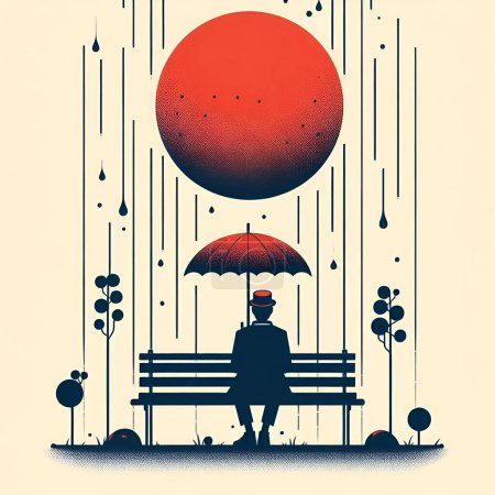 Illustration for A Man Sitting Alone on Park Bench in Rain - Royalty Free Image