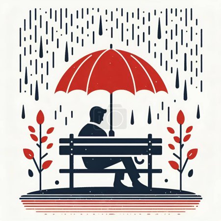 Ein Mann sitzt allein auf einer Parkbank im Regen
