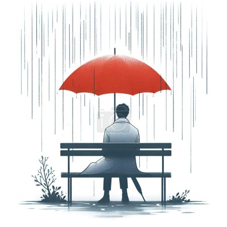 A Man Sitting Alone on Park Bench in Rain