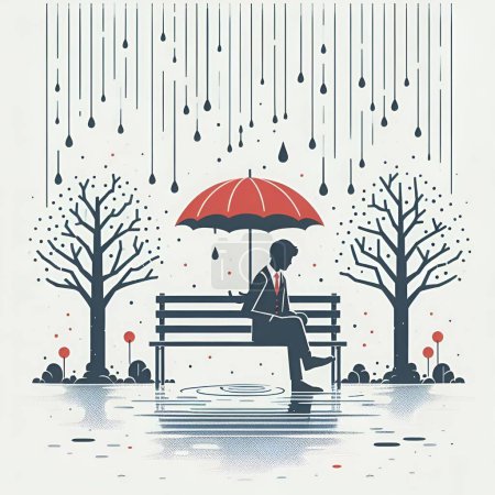 Un hombre sentado solo en el banco del parque bajo la lluvia