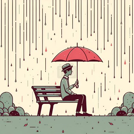Ilustración de A Man Sitting Alone on Park Bench in Rain - Imagen libre de derechos