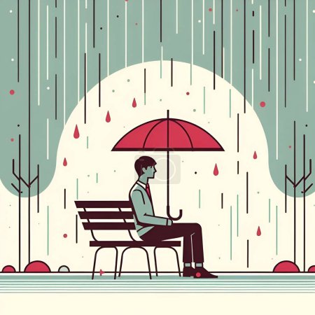 A Man Sitting Alone on Park Bench in Rain