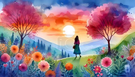 Illustration for A Woman Standing Alone in Nature - Royalty Free Image