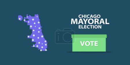Illustration for Chicago mayoral election 2023 vector graphic on dark blue color with green vote box. White typography. voting pins and locations on Chicago map - Royalty Free Image