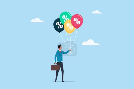Illustration for Interest rate hike due to global inflation percentage rising up, FED or central bank monetary policy, businessman hold percentage balloons symbol - Royalty Free Image