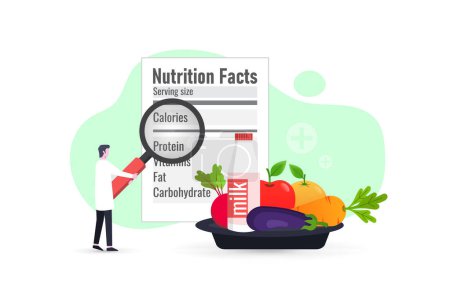 Ilustración de Nutrition choices for healthy diet, nutritionist to systematically assess the overall nutritional status of patients, nutritionist checking nutrition facts label with magnifier - Imagen libre de derechos