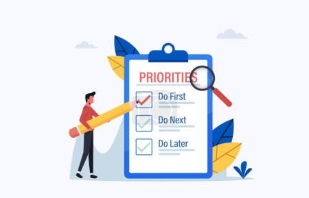 Ilustración de Priority concept illustration, Important agenda for doing Planning and work management, Businessman checking list with priority objectives and urgency selection process - Imagen libre de derechos