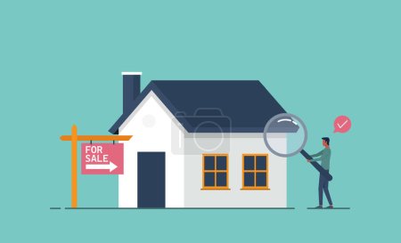 Illustration for A real estate appraiser assesses property values with magnifying glass, property evaluation for sale, home check services - Royalty Free Image