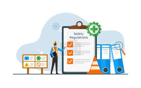 Illustration for Occupational safety and health administration, Government public service protecting worker from health and safety hazards on the job, worker understanding rules and regulations - Royalty Free Image