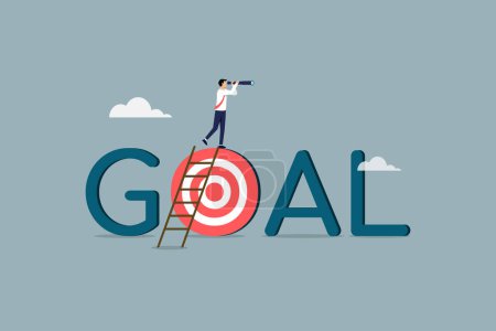 Ilustración de Business target or future vision, business opportunity or challenge ahead, target to achieve more goal and success, confidence businessman with telescope climb up ladder on goal - Imagen libre de derechos