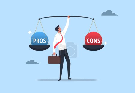 Illustration for Pros and cons concept, businessman holding scales with pros and cons on it, advantages and disadvantages comparison, good and bad symbol, consideration for making decision illustration - Royalty Free Image