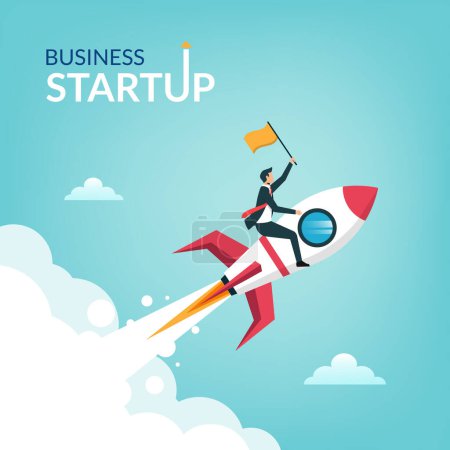 Successful businessman start up holding flag on rocket flying through sky, Business concept illustration