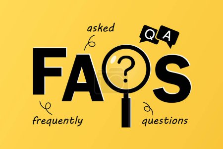 Preguntas frecuentes (FAQs) cartas aisladas sobre fondo amarillo con símbolo de lupa, búsqueda de soluciones, información útil, atención al cliente, resolución de problemas