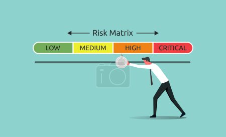 Risk matrix management with impact category low, medium, high and critical. Risk assessment and safety with businessman pushes risk indicator to low