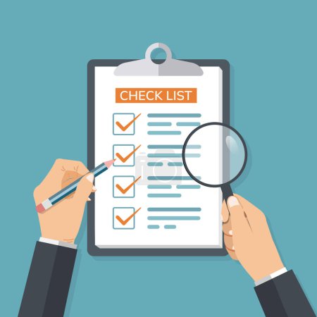 Illustration for Checklist or habit tracker fill out to do list form. Time and planning management. Complete checklist and check mark ticks with hands hold pencil and magnifier - Royalty Free Image