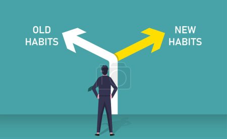 Illustration for Old habits vs new habits concept, businessman standing in front of arrow written old vs new habits, dilemma choice, positive thinking and motivation to change better - Royalty Free Image