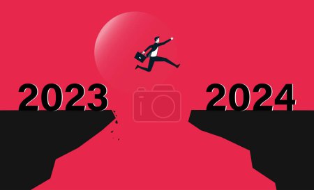 Ilustración de Empresario saltando entre 2023 y 2024, La gente entra en el nuevo año 2024 - Imagen libre de derechos