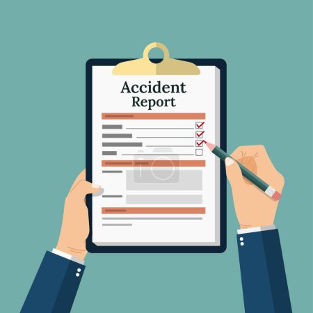 Accident report form, a man write application form for the document, pencil and clipboard in hand