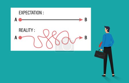 Illustration for Expectation vs reality concept, way from point A to B, smooth route vs reality hard and rough, business metaphor - Royalty Free Image