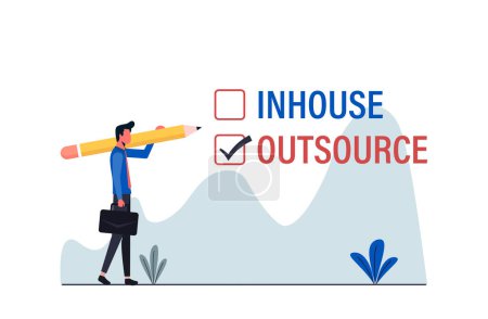 Business manager deciding between inhouse or outsourcing with check mark