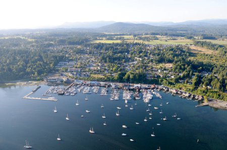 Boats at anchor in Cowichan Bay, Vancouver Island, British Columbia, Canada.
