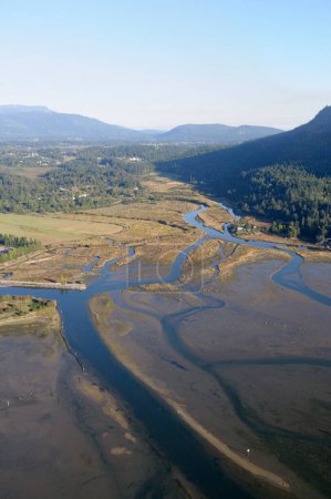 Aerial photograph of mud flats in the Cowichan River estuary, Vancouver Island, British Columbia, Canada.