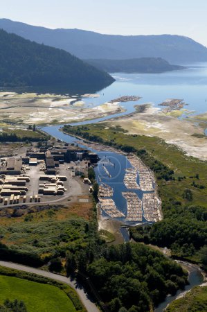 Luftbild des Terminals für Western Forest Products, Cowichan Bay, Vancouver Island, British Columbia, Kanada.