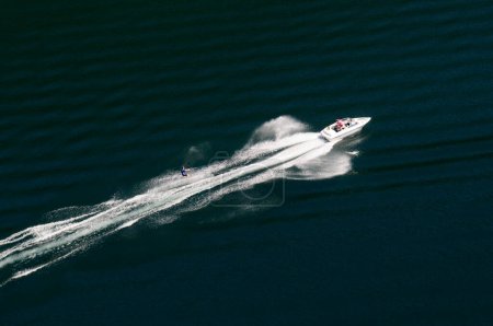Photo for Water skiing on Cowichan Lake, Vancouver Island aerial photography, British Columbia, Canada. - Royalty Free Image