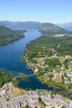 The town of Lake Cowichan on Cowichan Lake, Vancouver Island aerial photography, British Columbia, Canada.