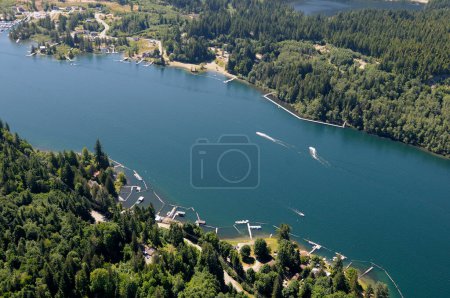 Photo for Jet skiing on Cowichan Lake, Vancouver Island aerial photography, British Columbia, Canada. - Royalty Free Image
