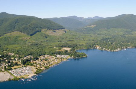 Honeymoon Bay on Cowichan Lake, Vancouver Island aerial photography, British Columbia, Canada.