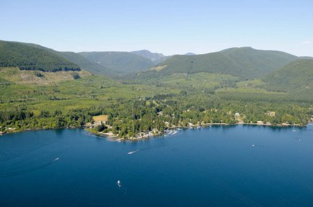 Honeymoon Bay on Cowichan Lake, Vancouver Island aerial photography, British Columbia, Canada.