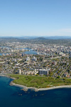 Holland Point Park, Beacon Hill Park and Dallas Road with downtown Victoria in the background, Aerial Photo, Victoria, Vancouver Island, British Columbi