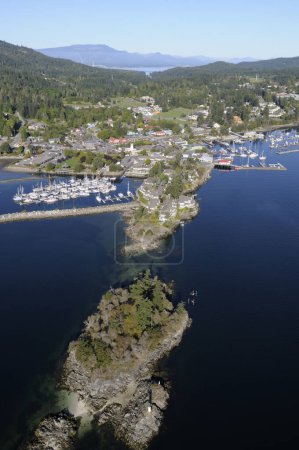 Aerial photo of Grace Islet and Grace Point in Ganges Harbour, Salt Spring Island, British Columbia, Canada