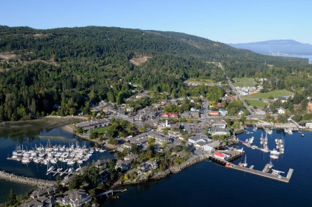 Air photo of the town of Ganges with the government docks, Salt Spring Island, British Columbia, Canada