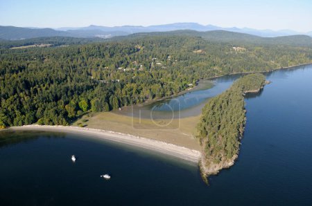 Aerial photo of Walker Hook and the beautiful white sand beach and shallow lagoon, Salt Spring Island, British Columbia, Canada