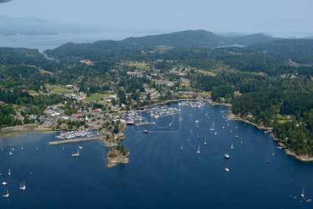 Aerial photo of Ganges with Vancouver Island in the background, Salt Spring Island, British Columbia, Canada
