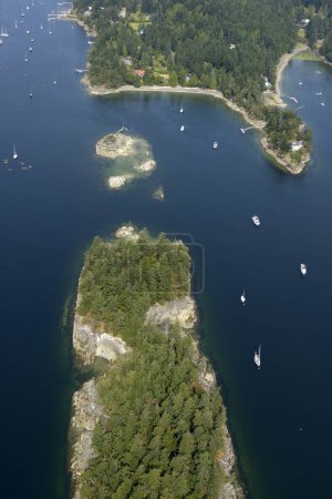 Aerial photograph of the north end of Goat Island in Ganges Harbour, Salt Spring Island, British Columbia, Canada