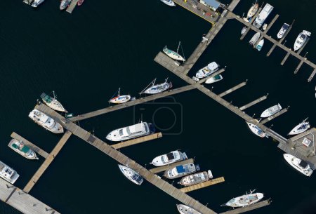 Abstract aerial of boats at the dock at Ganges Marina, Salt Spring Island, British Columbia, Canada