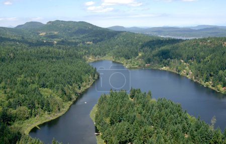 Cusheon Lake looking north with Ganges Harbour in the background, Salt Spring Island, British Columbia, Canada