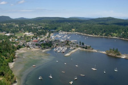 Aerial photo of Ganges and Ganges Harbour showing the boat anchorage, Saltspring Island, British Columbia, Canada
